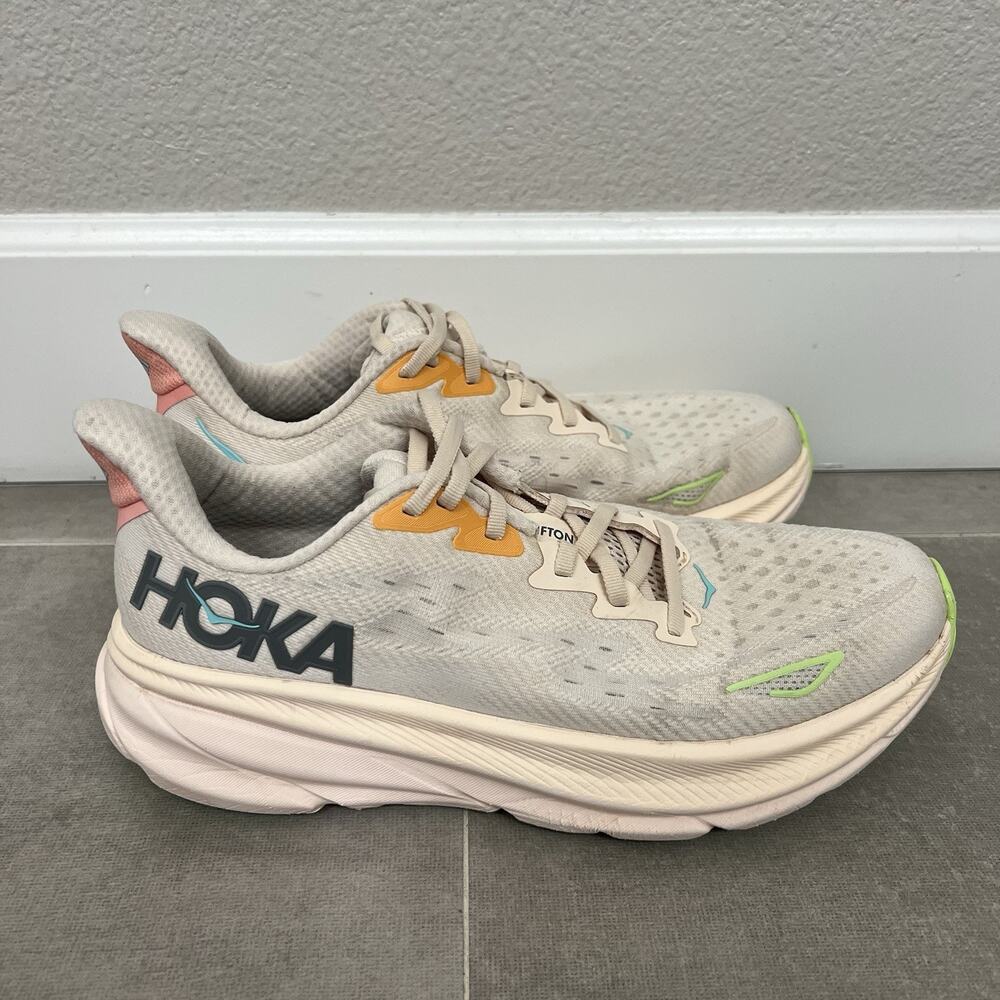Hoka One One Women's Light Beige Running Shoes with Green and Coral Accents